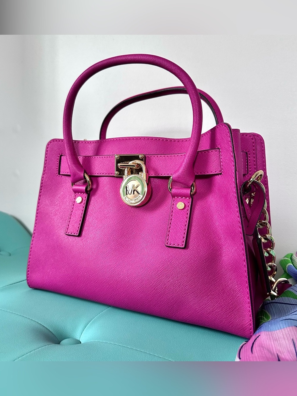 Vintage Hot Pink Michael Kors Hamilton Satchel Bag Gold Lock Charm Crossbody - Picture 1 of 11